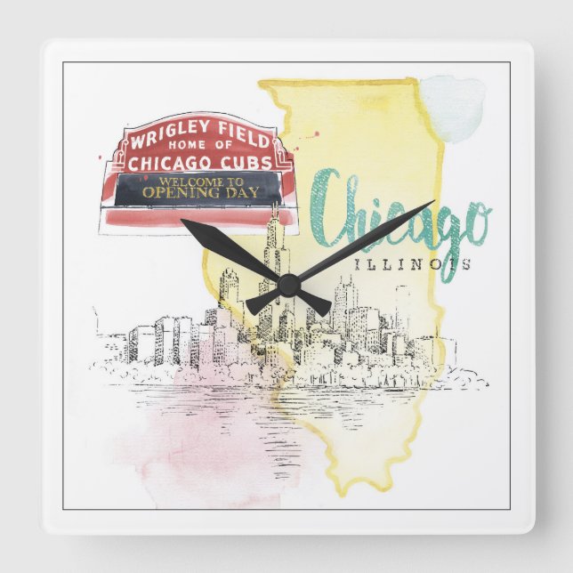 Chicago, Illinois | Watercolor Sketch Square Wall Clock (Front)