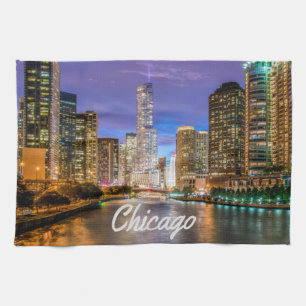 Chicago Illinos City At Night Kitchen Towel