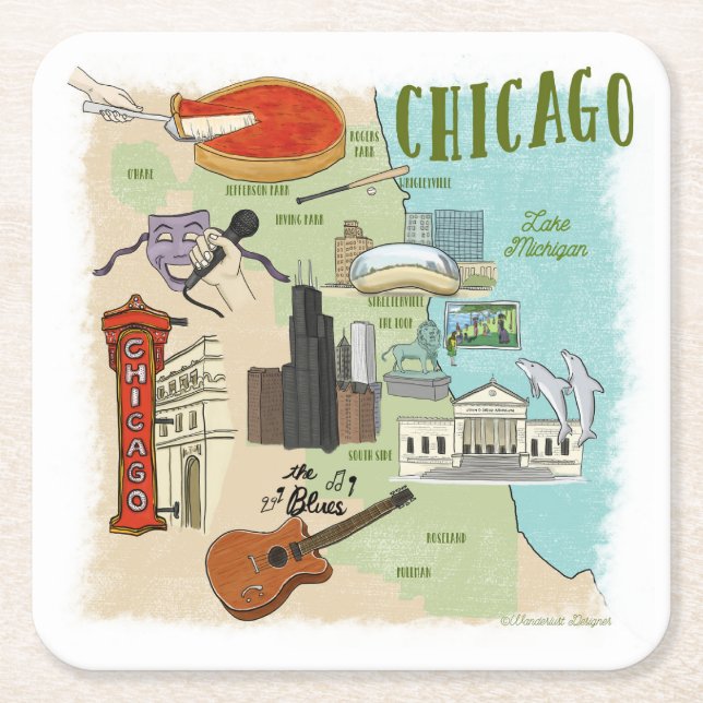 Chicago Illustrated Map Paper Coaster (Front)