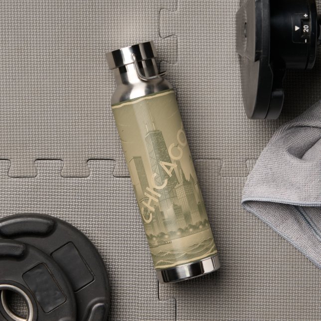 Chicago Khaki Green Tan Skyline Water Bottle (Gym (Rotated))