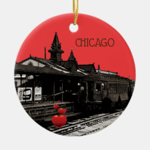 Chicago L 1950 Watercolor Sepia Photograph Subway Ceramic Ornament