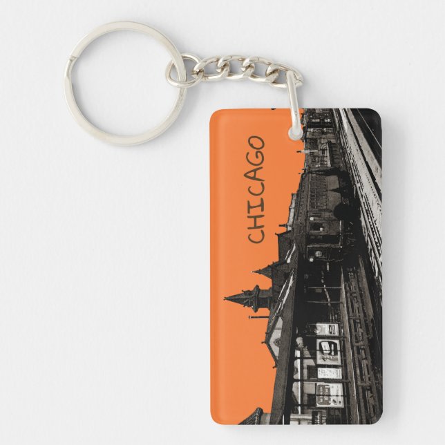 Chicago L 1950 Watercolor Sepia Photograph Subway Keychain (Front)