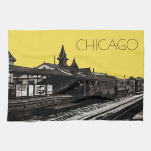 Chicago L 1950 Watercolor Sepia Photograph Subway Kitchen Towel