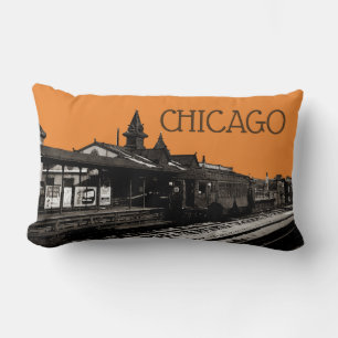 Chicago L 1950 Watercolor Sepia Photograph Subway Lumbar Pillow
