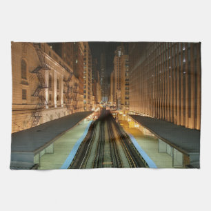 Chicago 'L' Station at Night Kitchen Towel