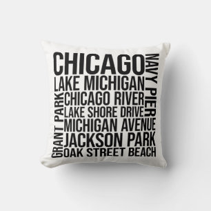 Chicago Landmarks Typography - Illinois Word Art Throw Pillow