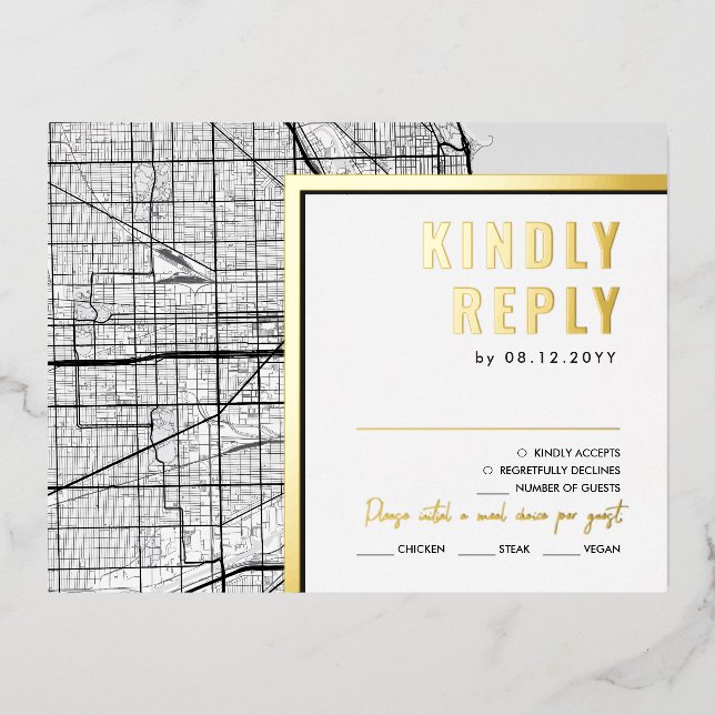 Chicago Love Locator | RSVP Reply  Foil Invitation Postcard (Front)