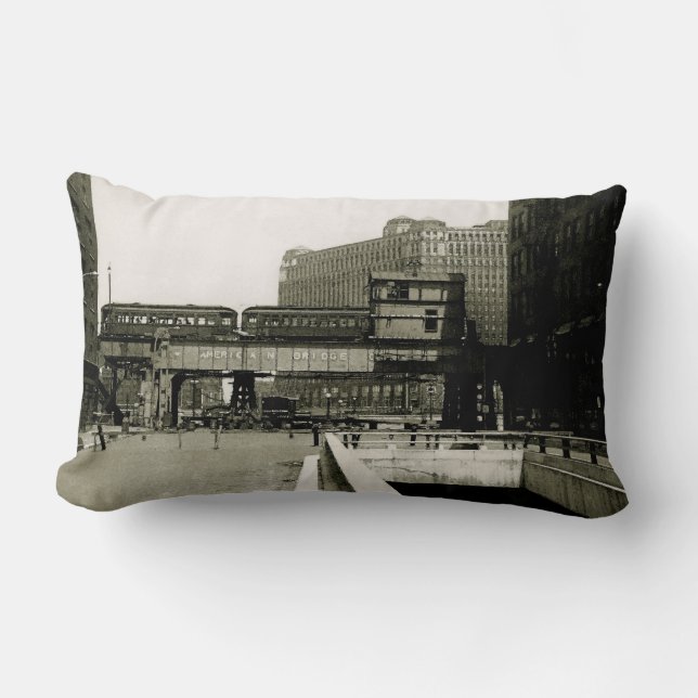 CHICAGO MERCHANDISE MART TROLLEY TRAIN WATERCOLOR LUMBAR PILLOW (Front)