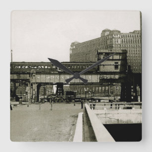 CHICAGO MERCHANDISE MART TROLLEY TRAIN WATERCOLOR SQUARE WALL CLOCK