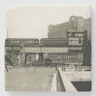 CHICAGO MERCHANDISE MART TROLLEY TRAIN WATERCOLOR STONE COASTER