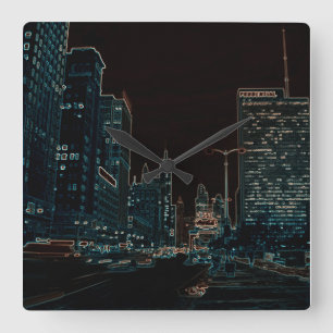 Chicago Michigan Avenue 1960's Glowing Edges Black Square Wall Clock