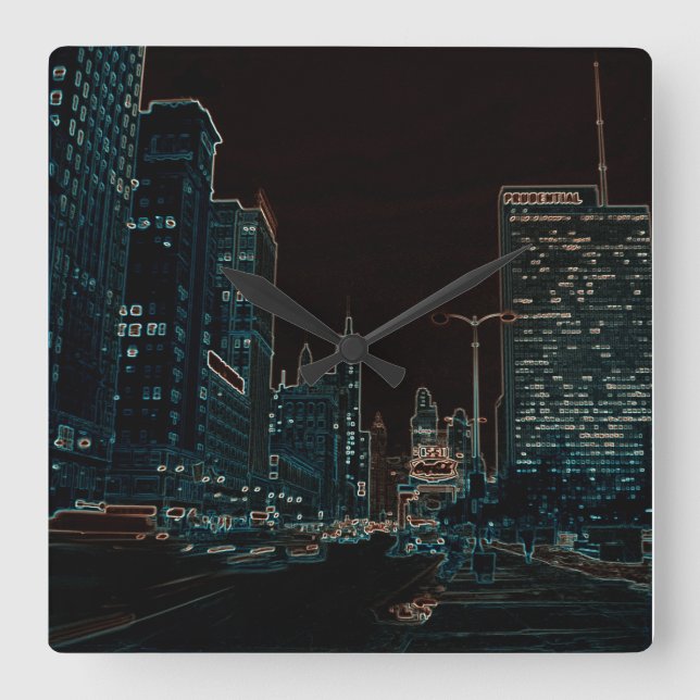 Chicago Michigan Avenue 1960's Glowing Edges Black Square Wall Clock (Front)