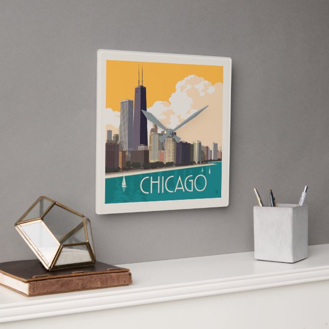 Chicago | Modern Skyline Square Wall Clock (Office)