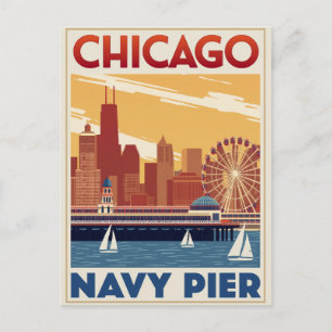 Chicago Navy Pier Skyline Retro Postcard