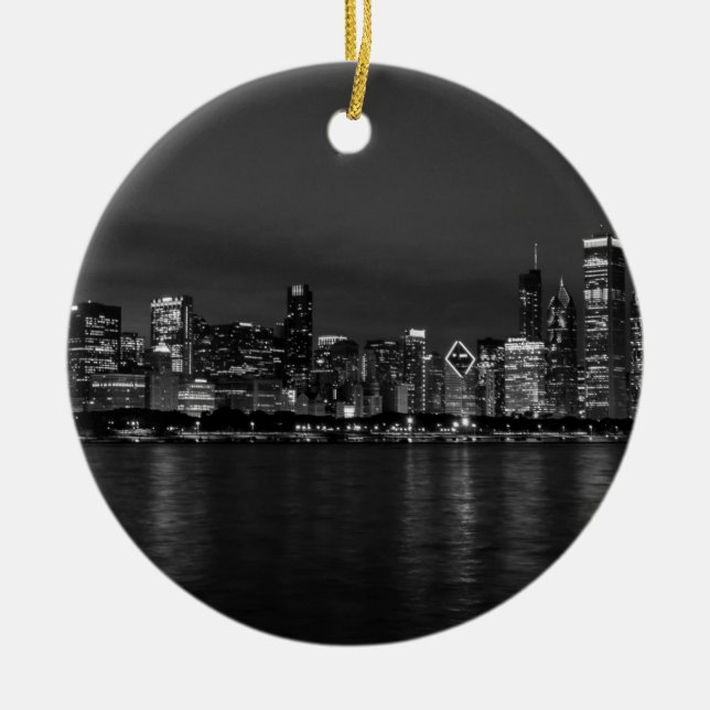Chicago Night Cityscape Grayscale Ceramic Ornament (Front)