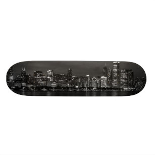 Chicago Night Cityscape Grayscale Skateboard