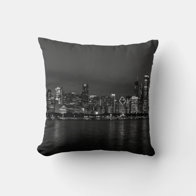 Chicago Night Cityscape Grayscale Throw Pillow (Front)