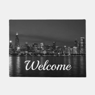 Chicago Night Cityscape Grayscale Welcome Doormat