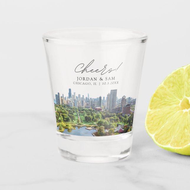 Chicago Photo Wedding Favour Cheers Shot Glass (Front)
