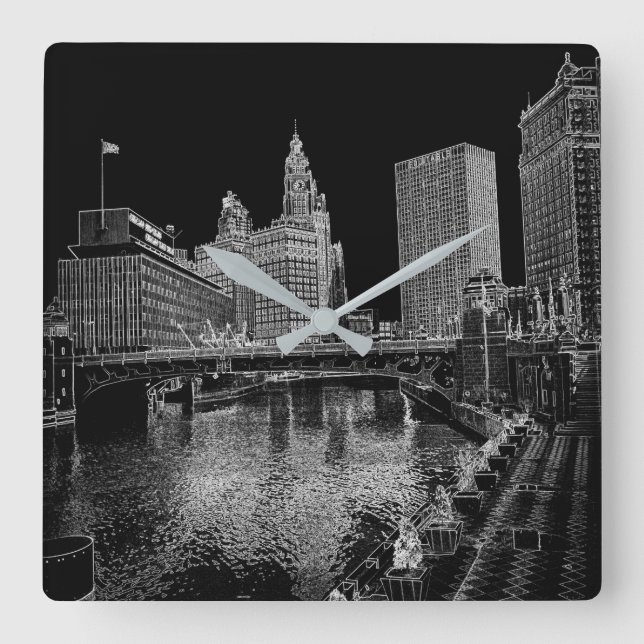 Chicago River 1967 Wrigley Building Sun Times Bldg Square Wall Clock (Front)