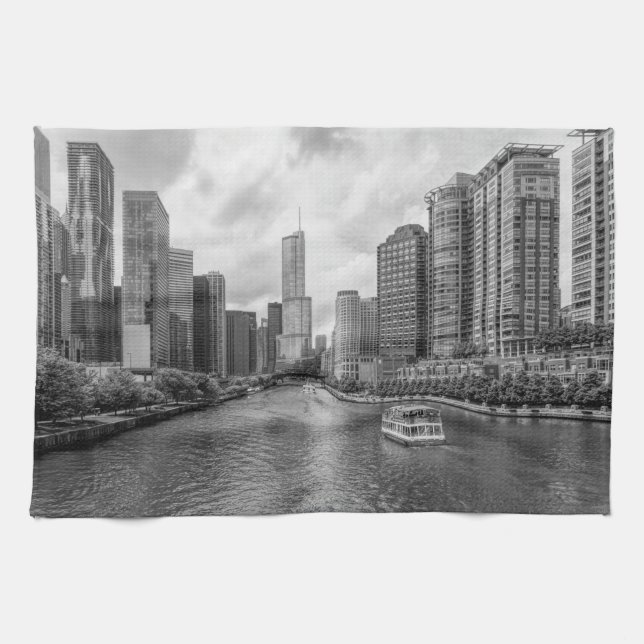 Chicago River And Trump Tower Grayscale Kitchen Towel (Horizontal)