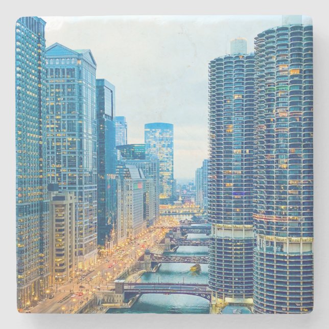 Chicago River at Dusk Stone Coaster (Front)