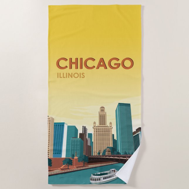 Chicago River Skyline Vintage Travel Beach Towel (Front)