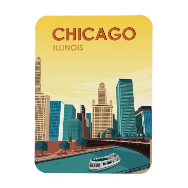 Chicago River Skyline Vintage Travel Magnet (Vertical)