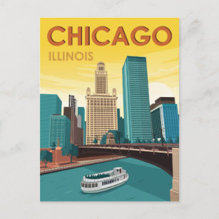 Chicago River Skyline Vintage Travel Postcard