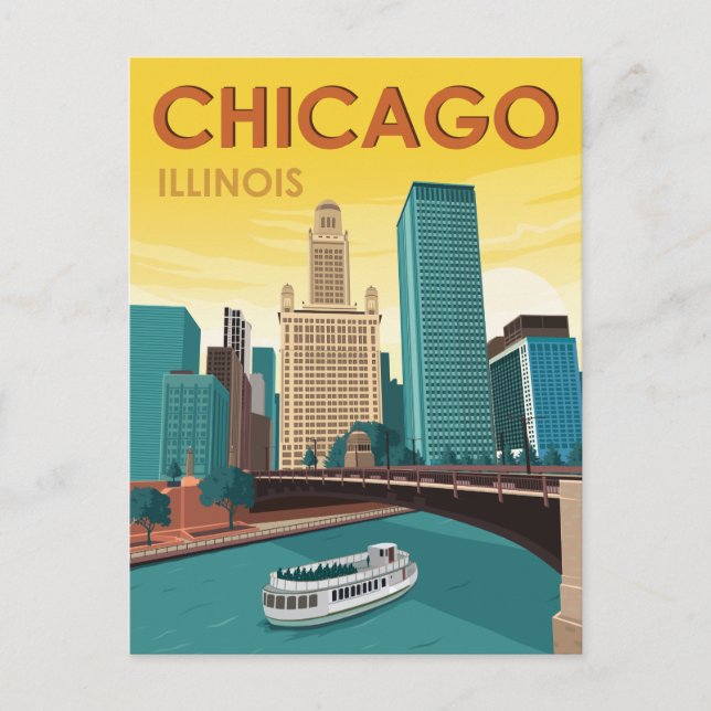 Chicago River Skyline Vintage Travel Postcard (Front)