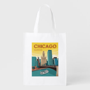 Chicago River Skyline Vintage Travel Reusable Grocery Bag