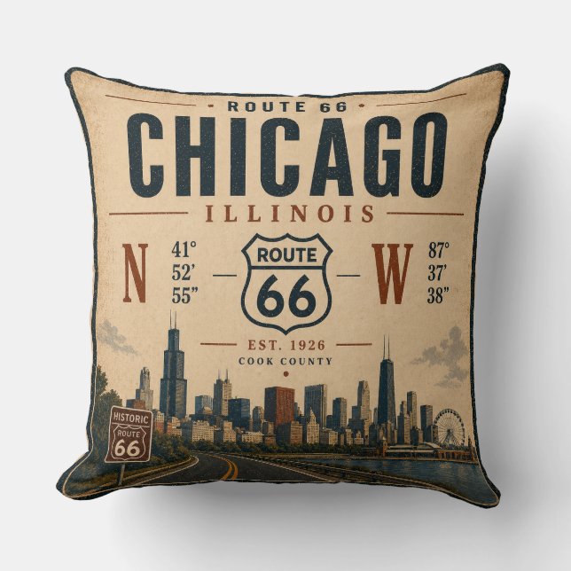 Chicago Route 66 Coordinates Travel  Throw Pillow (Front)