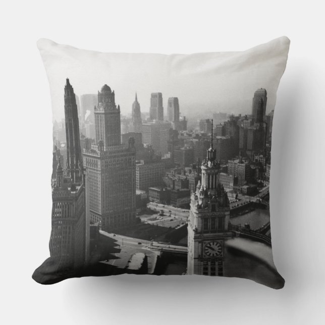 Chicago Skyline1930's from Above view Photograph Outdoor Pillow (Front)