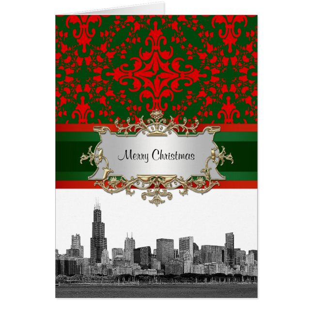 Chicago Skyline #1 Vintage Look Red & Green Damask (Front)