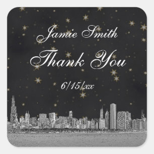 Chicago Skyline #2 Black Gold Star Thank You Square Sticker