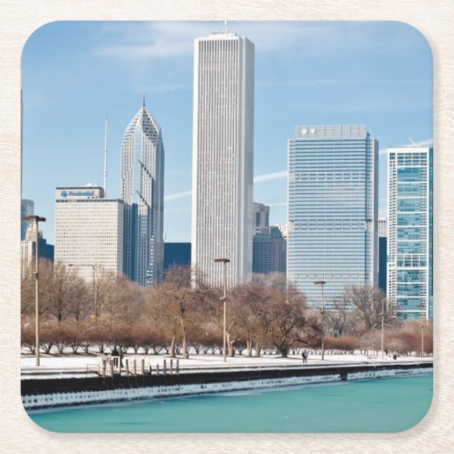 Chicago skyline across frozen Lake Michigan Square Paper Coaster (Front)
