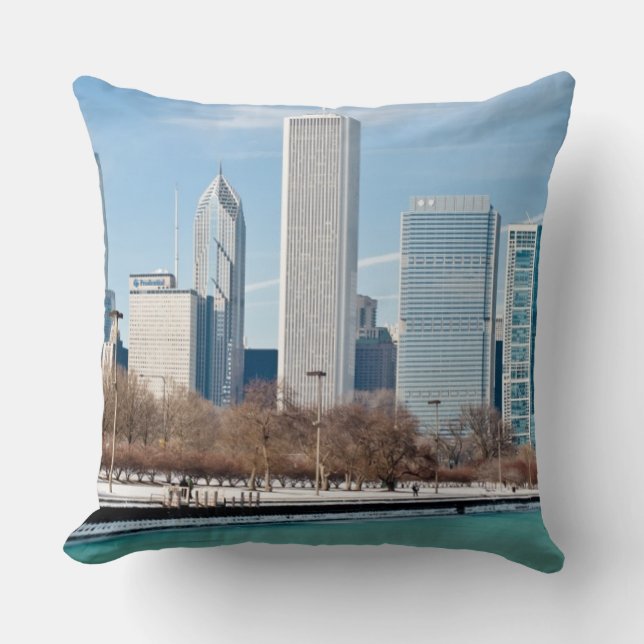Chicago skyline across frozen Lake Michigan Throw Pillow (Front)
