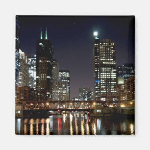 Chicago Skyline and Bridge at Night Magnet