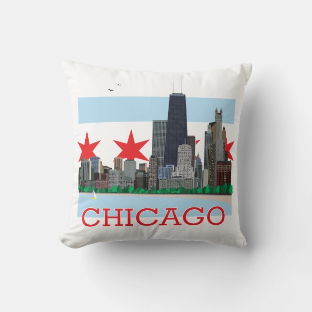 Chicago Skyline and City Flag Throw Pillow (Front)