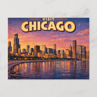 Chicago skyline and Lake Michigan in the evening Holiday Postcard