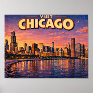 Chicago skyline and Lake Michigan in the evening Poster