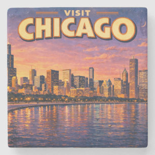 Chicago skyline and Lake Michigan in the evening Stone Coaster