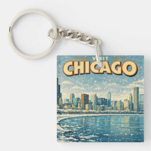 Chicago skyline and Lake Michigan in winter Keychain