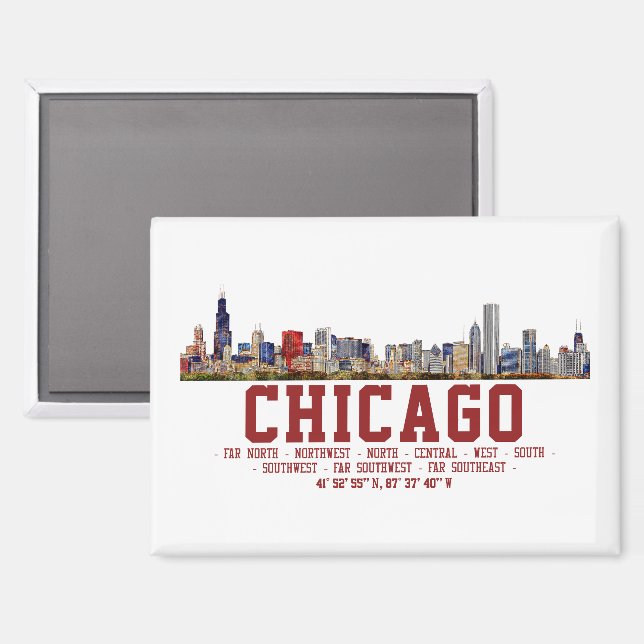 Chicago Skyline.  Area Names and Coordinates Magnet (Front/Back)