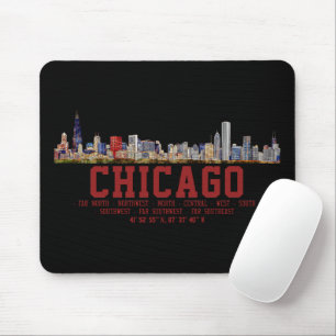 Chicago Skyline.  Area Names and Coordinates Mouse Pad