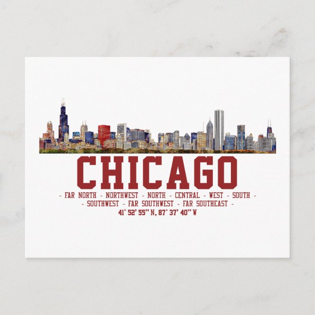Chicago Skyline.  Area Names and Coordinates Postcard (Front)