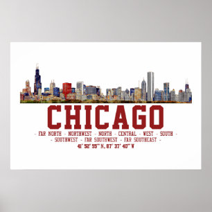 Chicago Skyline. Area Names and Coordinates Poster