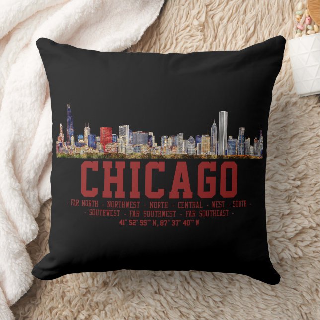 Chicago Skyline.  Area Names and Coordinates Throw Pillow (Blanket)