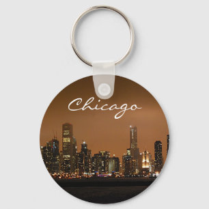 Chicago Skyline at night at Navy Pier Keychain