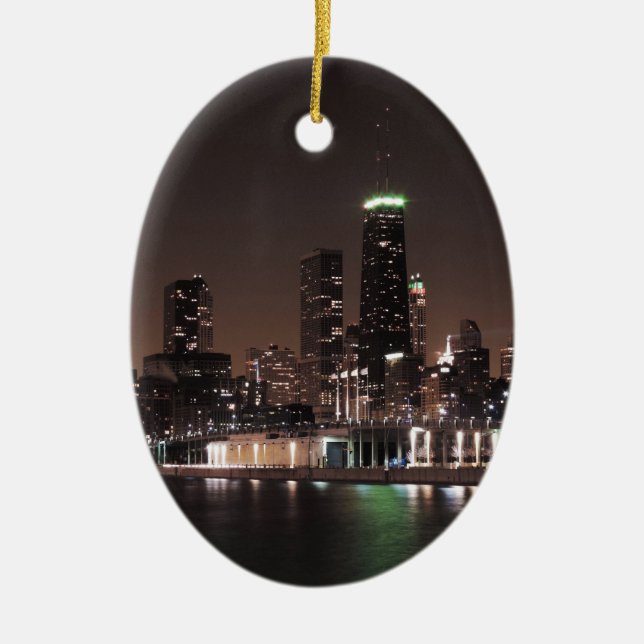 Chicago Skyline at Night Ceramic Ornament (Front)
